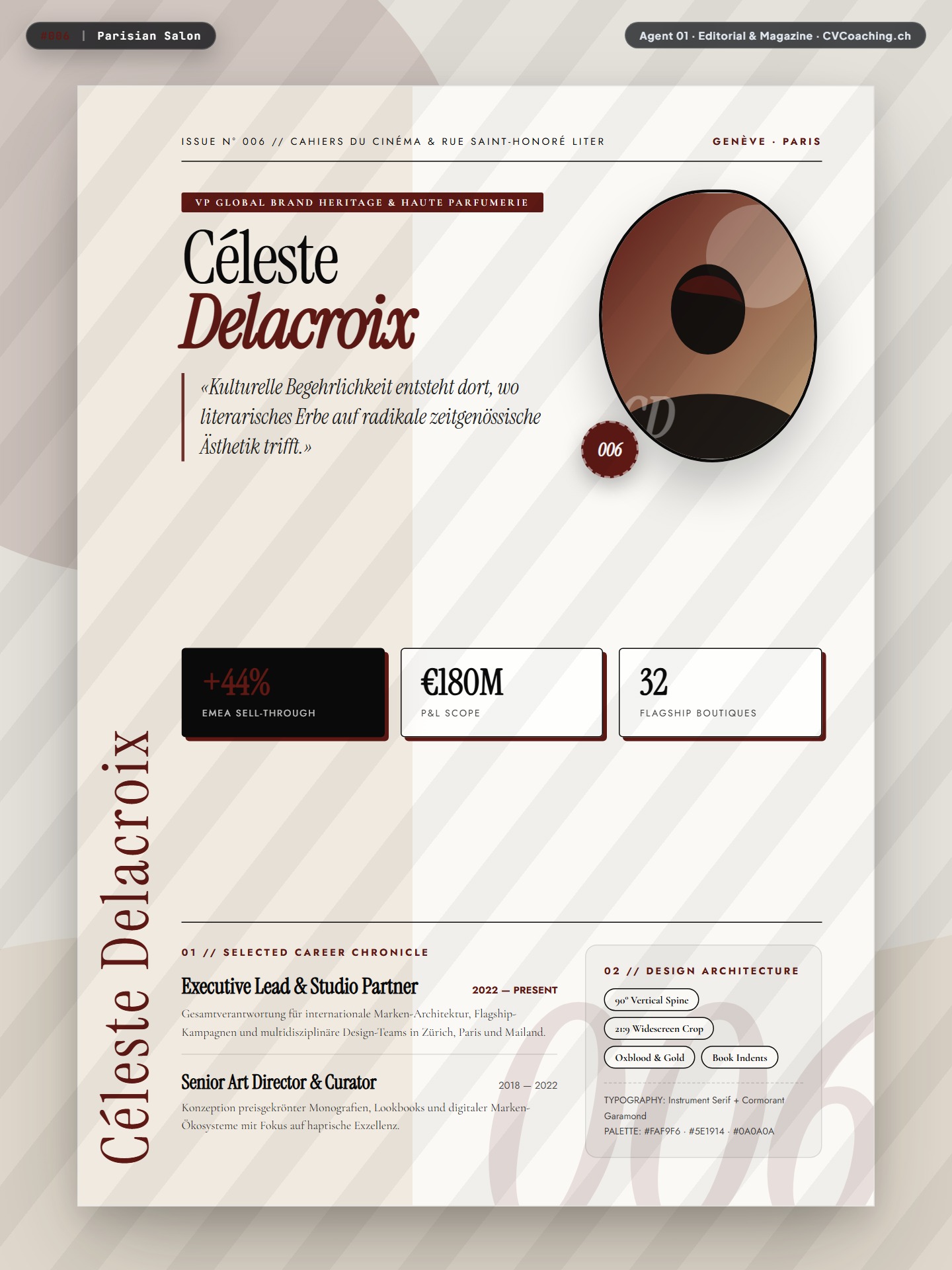 #006 Parisian Salon – Vertical 90° Oxblood Spine, 21:9 Cinema Crop & Gold Seal