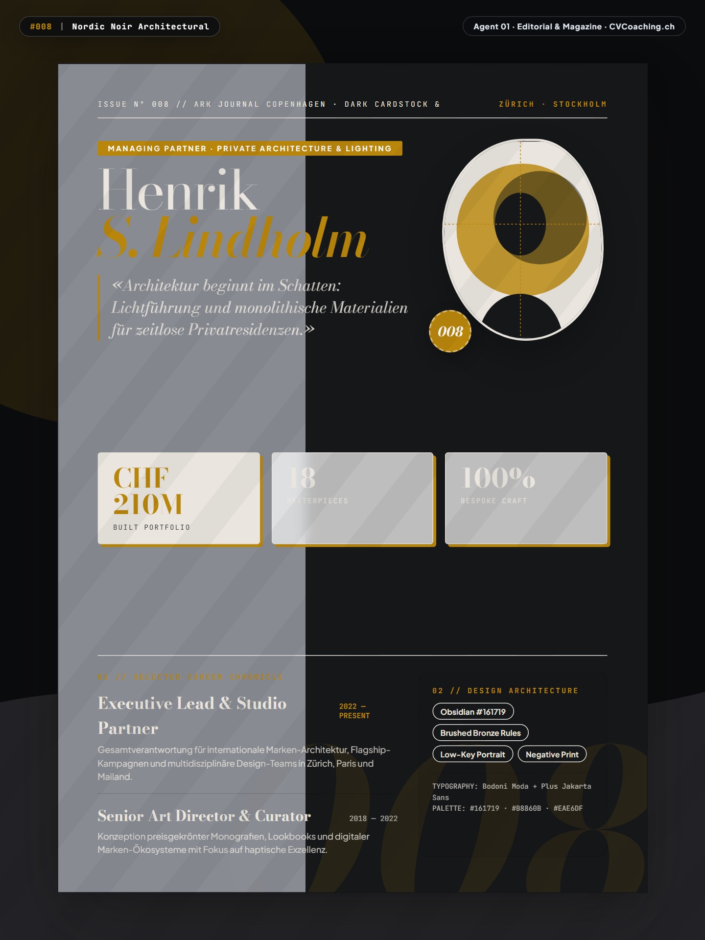 #008 Nordic Noir Architectural – Obsidian Cardstock, Brushed Bronze Hairlines & Chiaroscuro