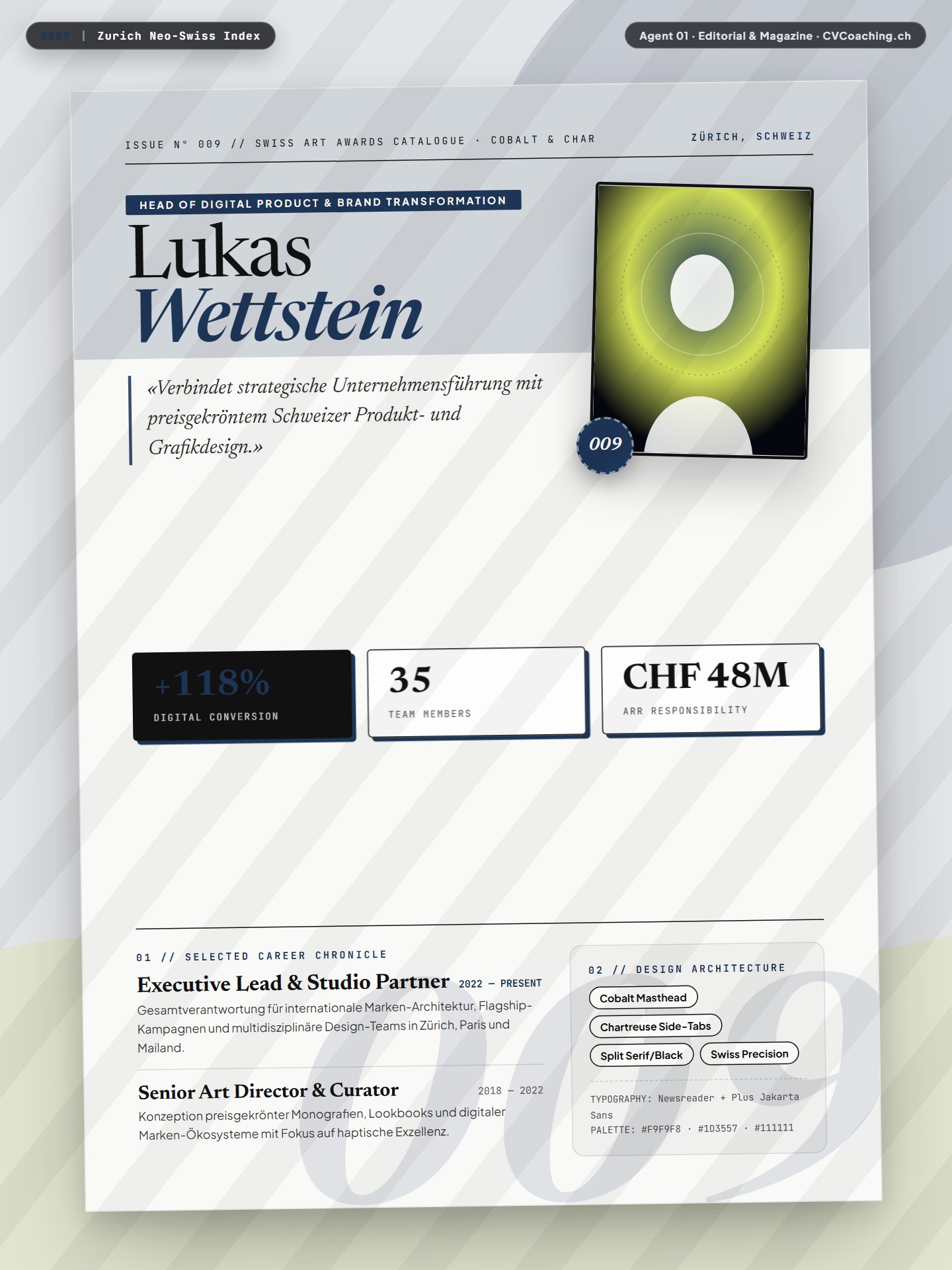 #009 Zurich Neo-Swiss Index – Full-Bleed Cobalt Masthead, Pop-Out Cutout & Acid Index Tabs