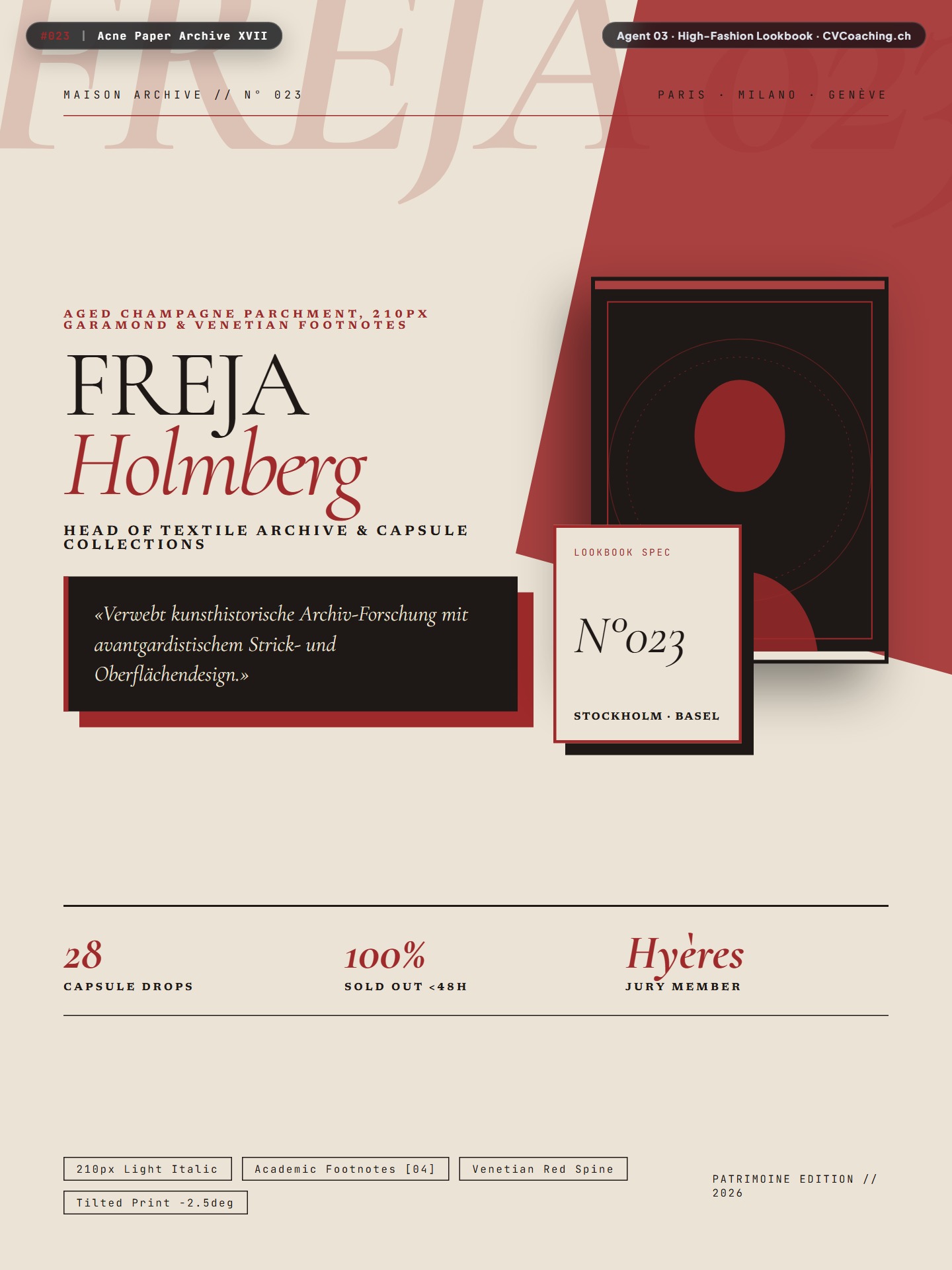 #023 Acne Paper Archive XVII – Aged Champagne Parchment, 210px Garamond & Venetian Footnotes