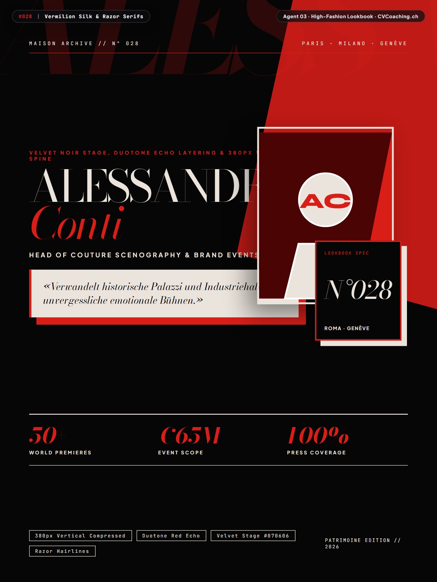 #028 Vermilion Silk & Razor Serifs – Velvet Noir Stage, Duotone Echo Layering & 380px Vertical Spine