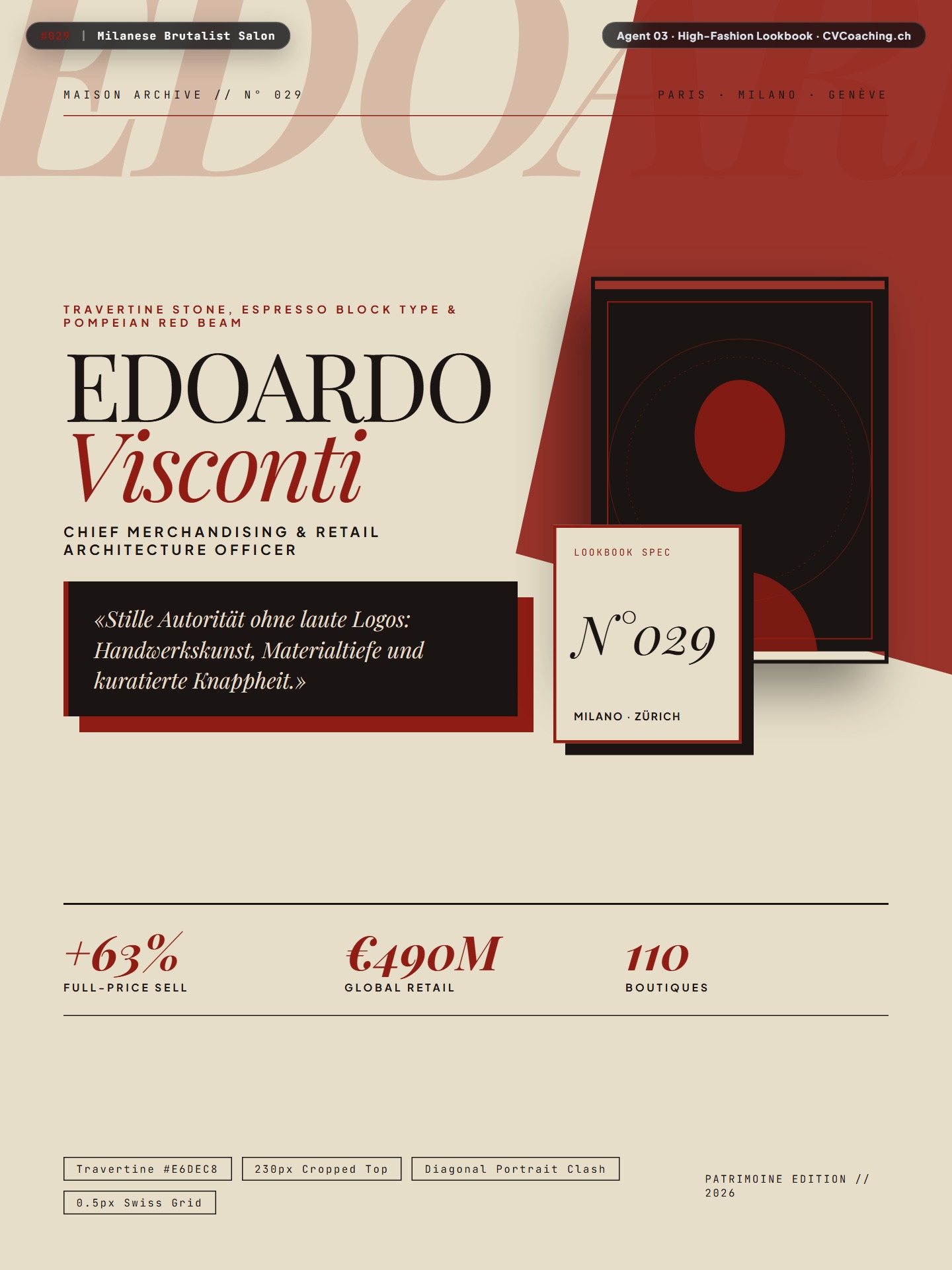 #029 Milanese Brutalist Salon – Travertine Stone, Espresso Block Type & Pompeian Red Beam