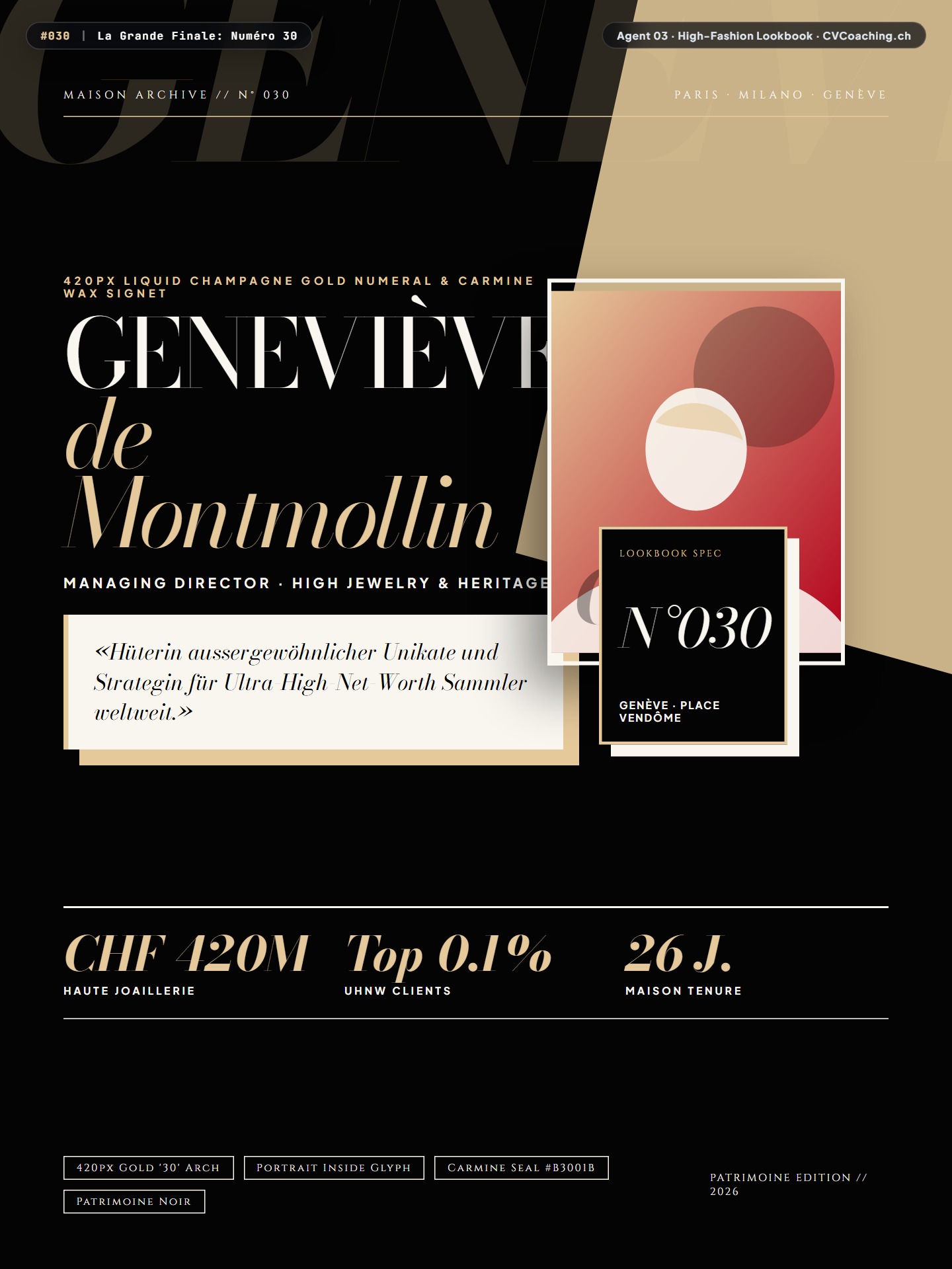#030 La Grande Finale: Numéro 30 – 420px Liquid Champagne Gold Numeral & Carmine Wax Signet