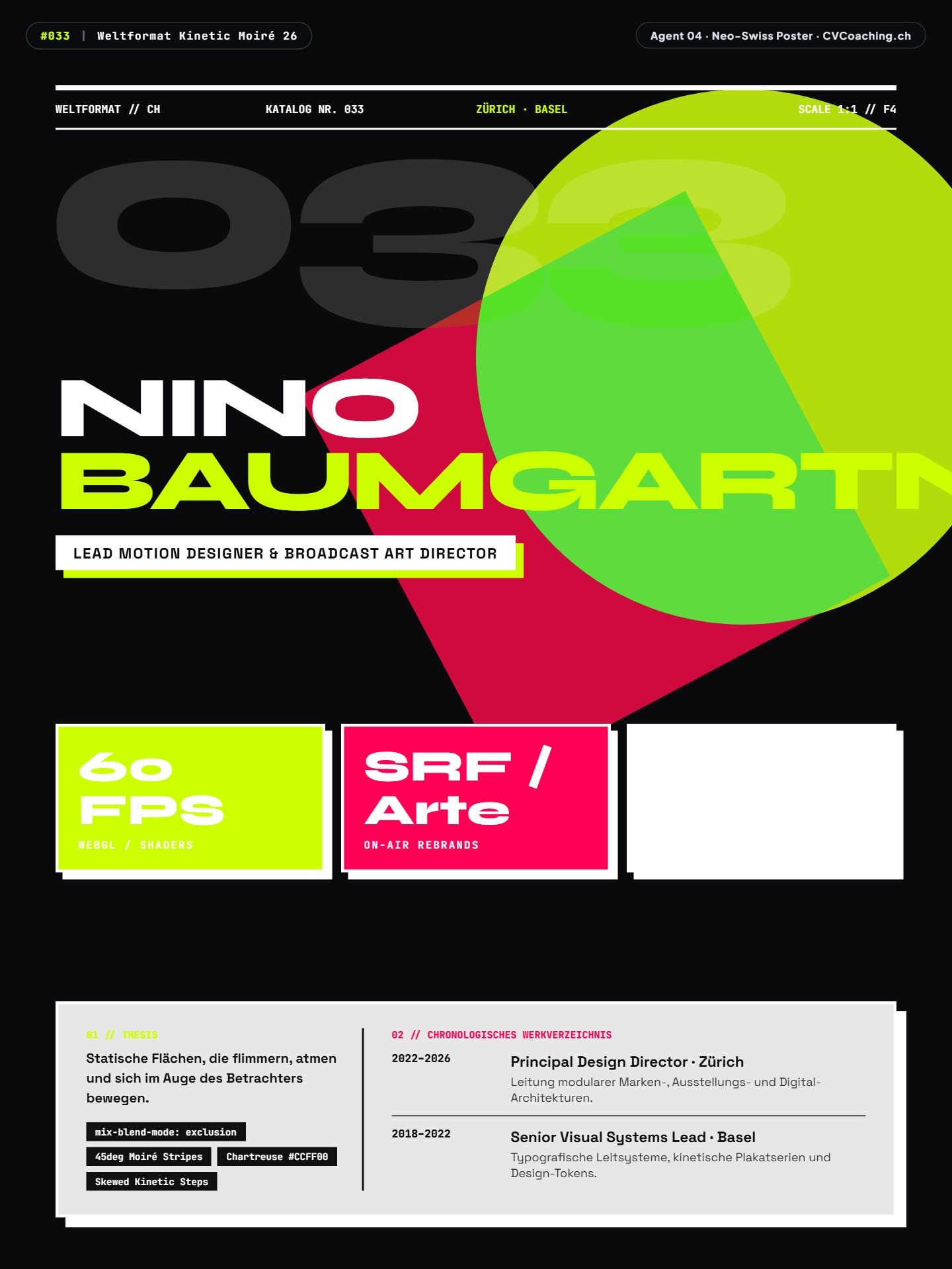 #033 Weltformat Kinetic Moiré 26 – Carbon Black Stage, Acid Chartreuse × Magenta Exclusion Circles
