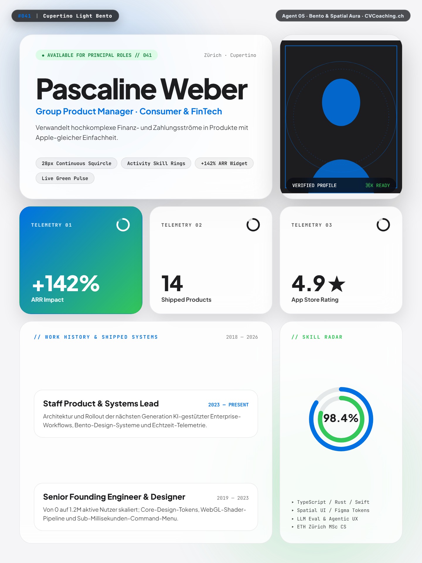 #041 Cupertino Light Bento – 8 Precision Squircles, Apple Fitness Rings & Keynote Typography