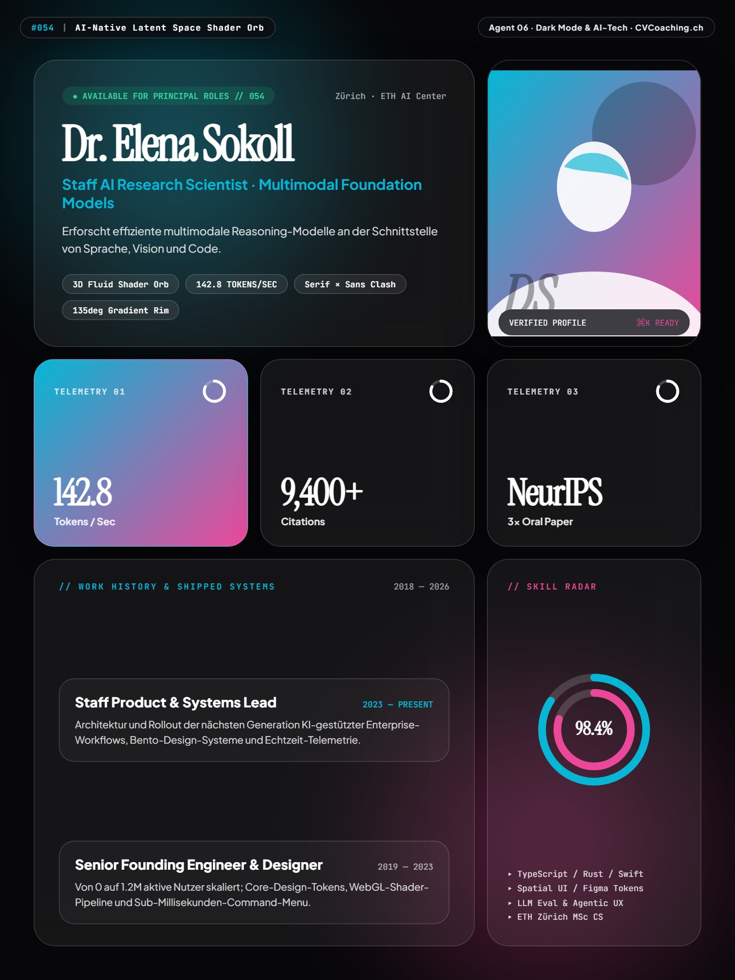 #054 AI-Native Latent Space Shader Orb – Iridescent WebGL Fluid Orb, Instrument Serif Italic & HUD Specs