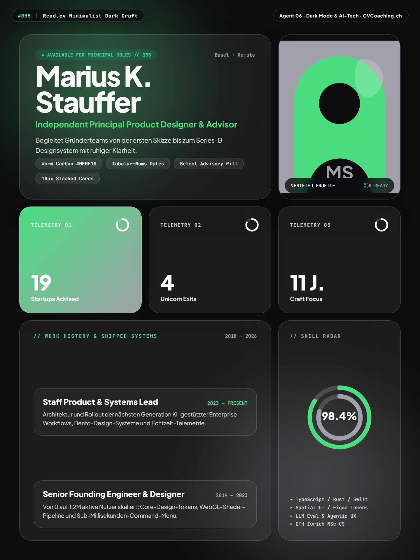 #055 Read.cv Minimalist Dark Craft – Warm Carbon #0E0E10, Tabular-Nums Timeline & Advisory Pill