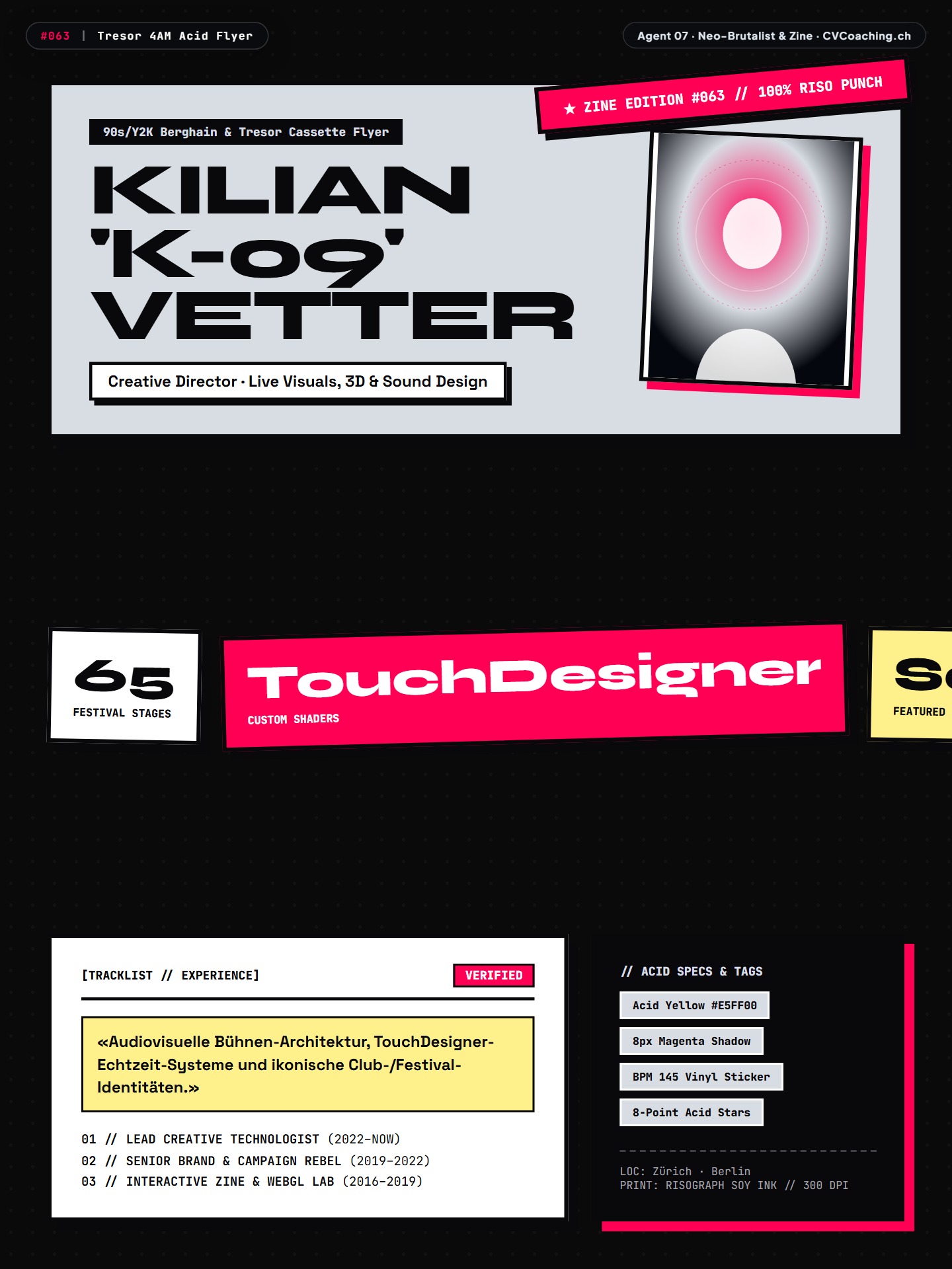 #063 Tresor 4AM Acid Flyer – Cyber Acid Yellow #E5FF00, Laser Magenta Shadow & EAN-13 Barcode