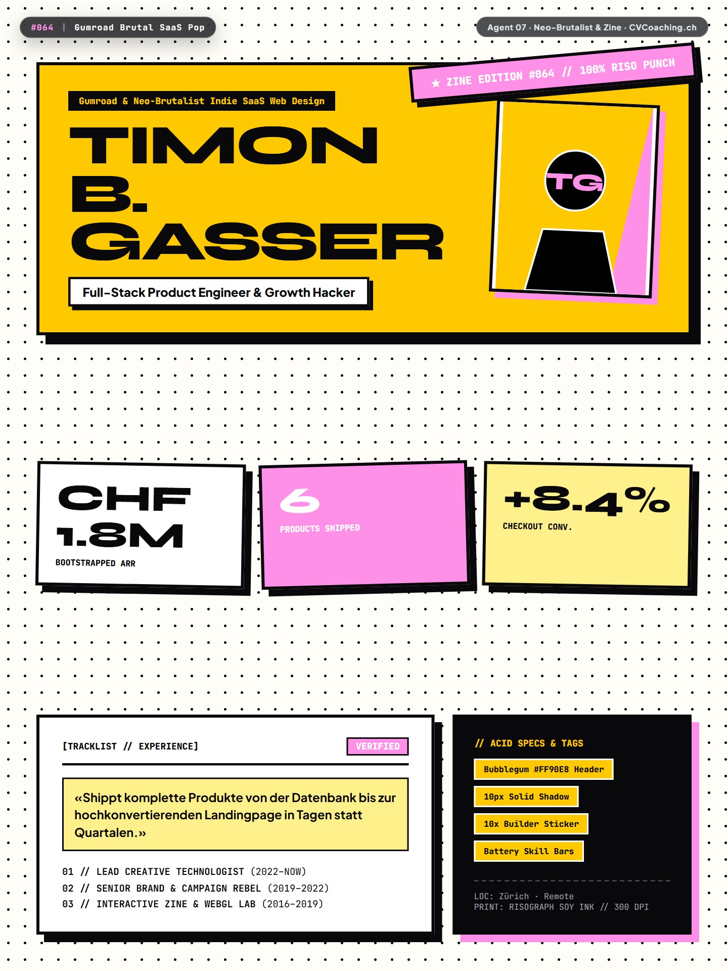 #064 Gumroad Brutal SaaS Pop – Bubblegum Pink #FF90E8, 10px Hard Black Shadows & 10x Sticker