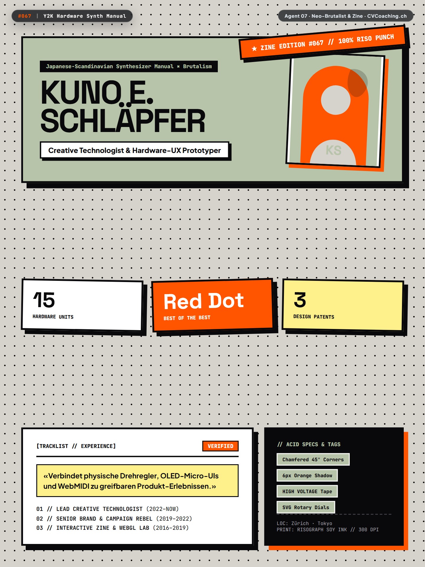 #067 Y2K Hardware Synth Manual – Safety Orange #FF5500 Shadow, Chamfered 45° Cards & SVG Dials