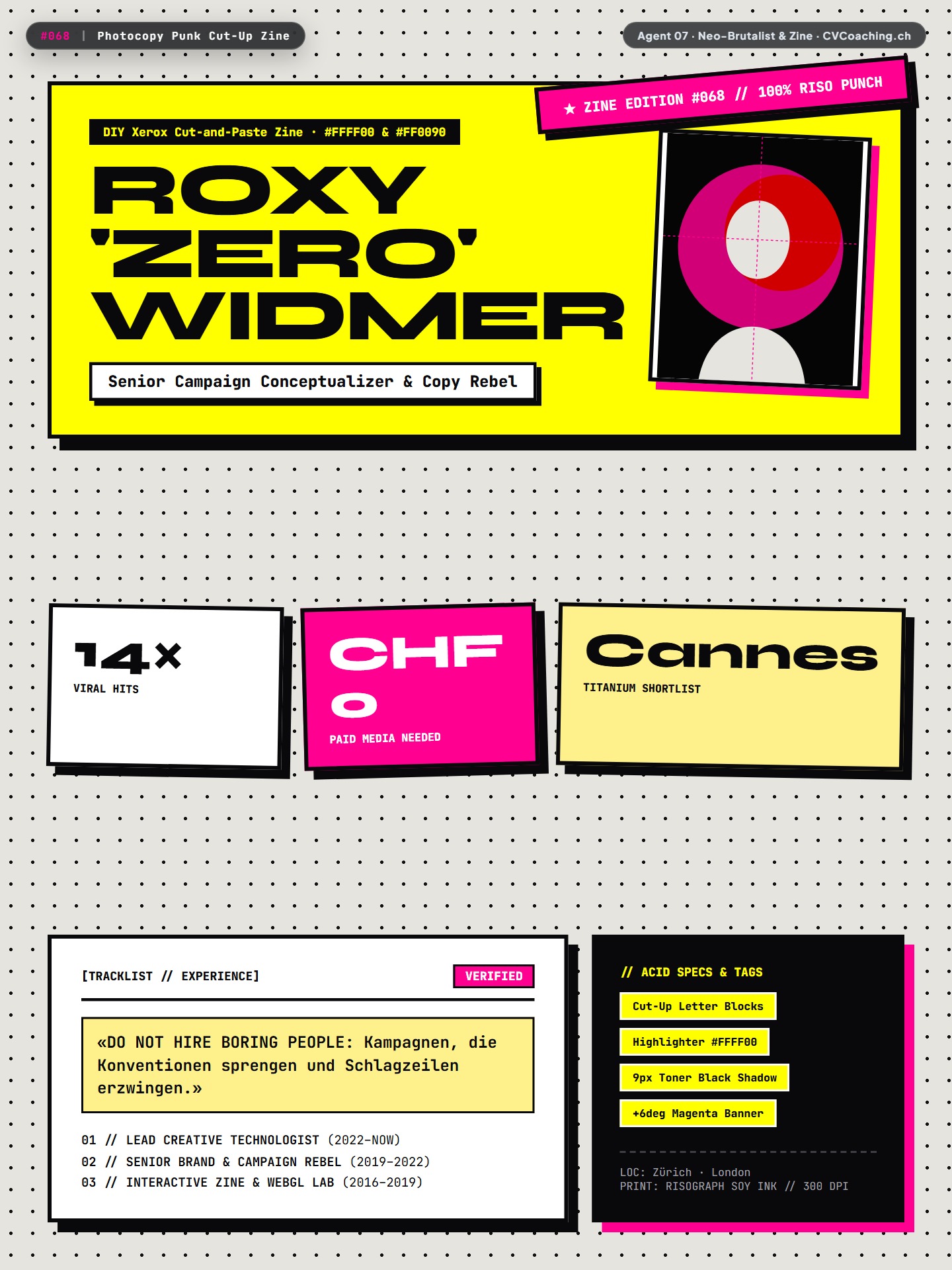 #068 Photocopy Punk Cut-Up Zine – Highlighter Yellow #FFFF00, Xerox Magenta Banner & Tilted Boxes