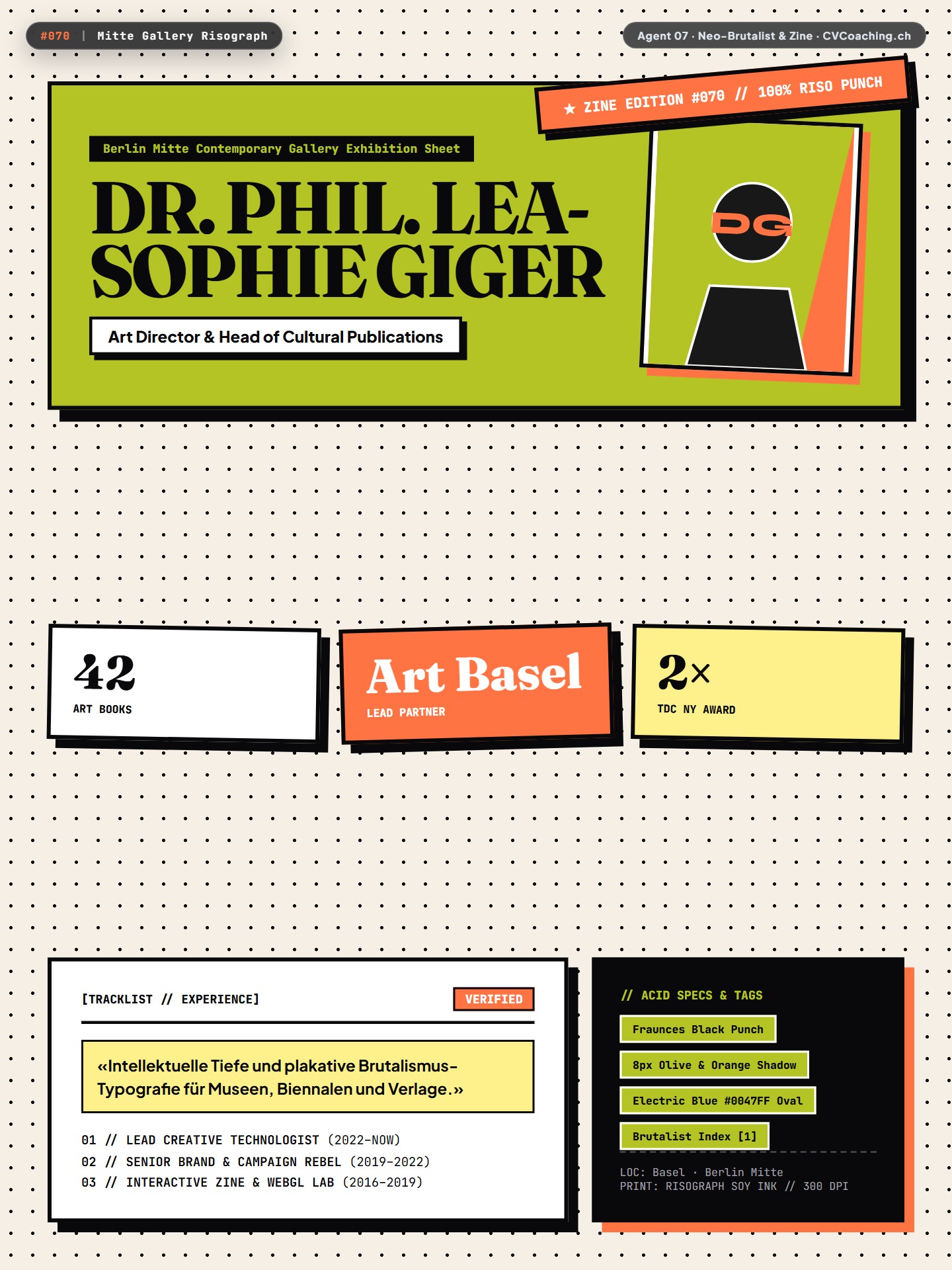 #070 Mitte Gallery Risograph – Fraunces Black Display, Olive × Orange Riso Blocks & Blue Sticker
