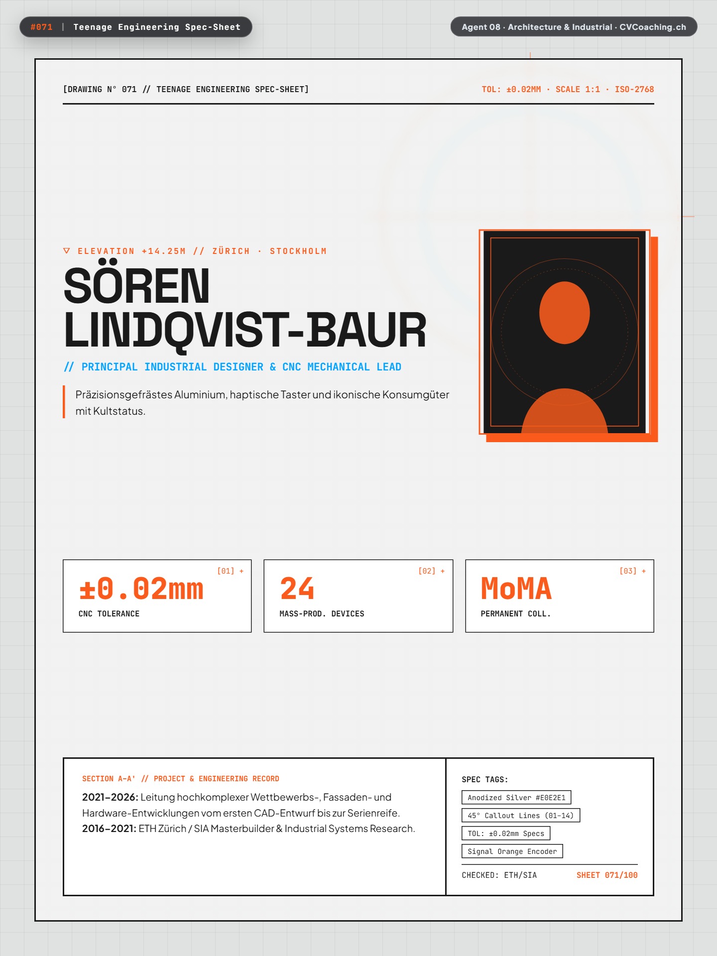 #071 Teenage Engineering Spec-Sheet – Anodized Aluminum #E0E2E1, Exploded Isometric & Signal Orange