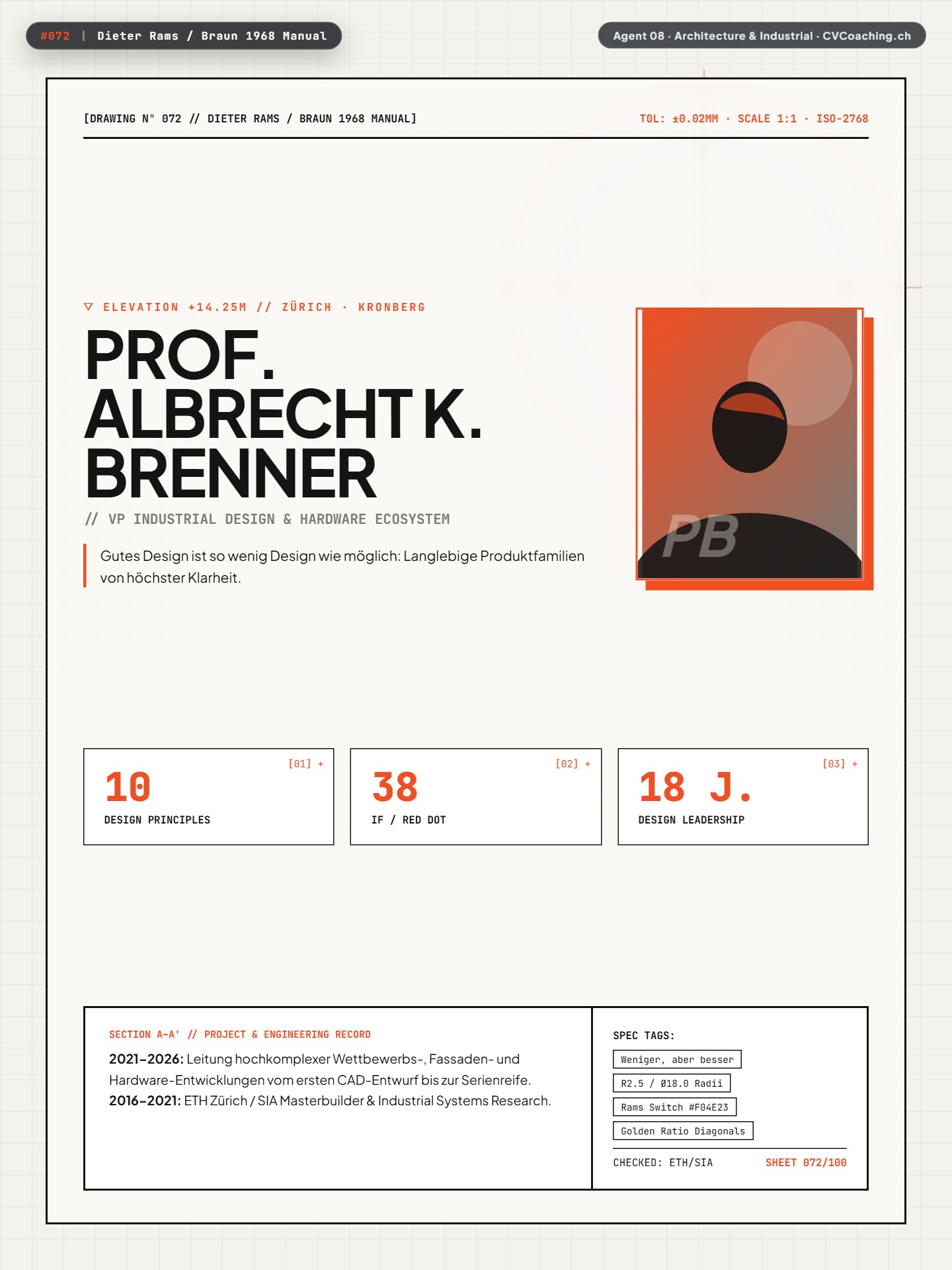 #072 Dieter Rams / Braun 1968 Manual – Warm Chassis Off-White, 3-View Orthographic & Rams Orange Dot
