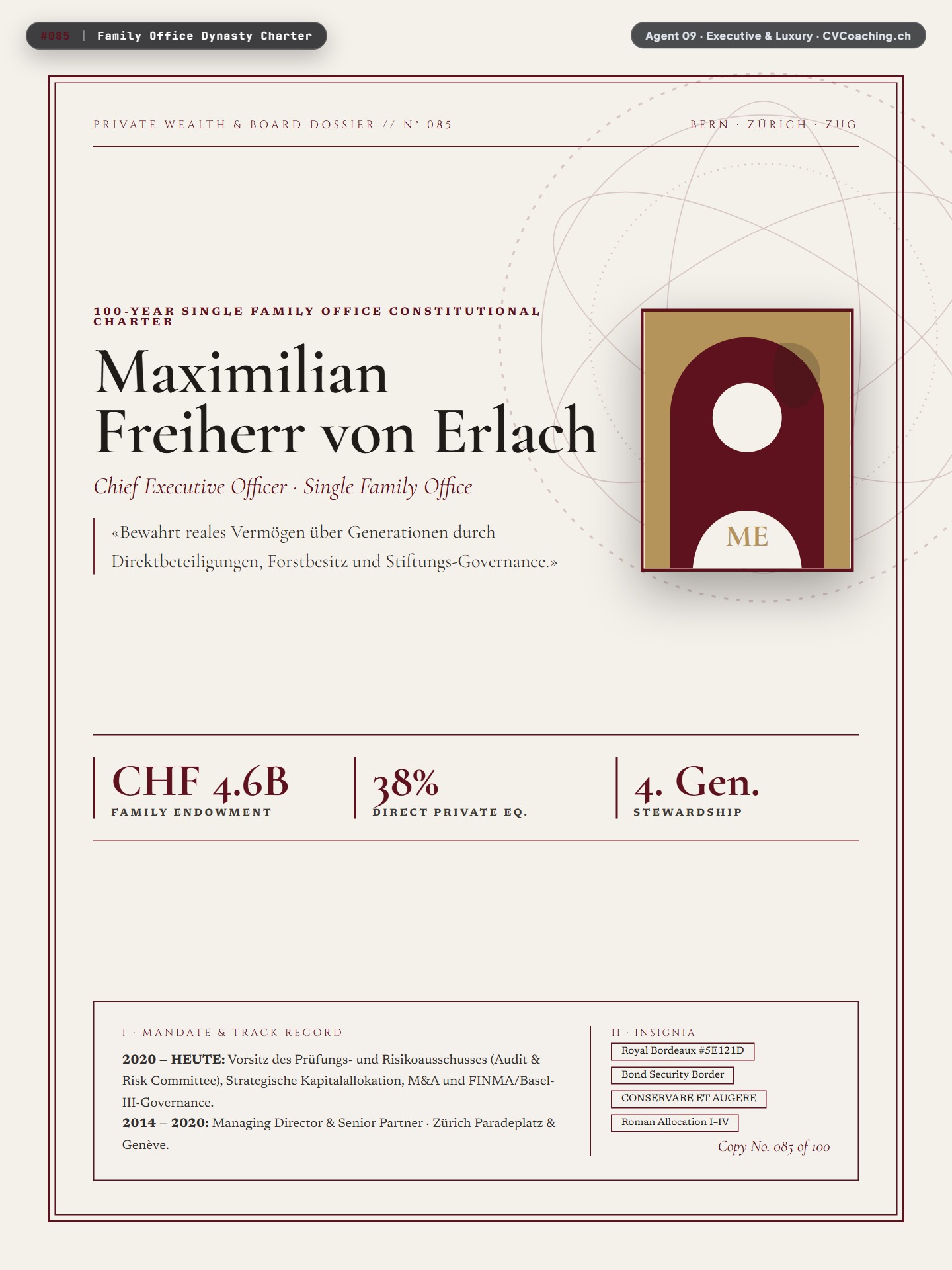 #085 Family Office Dynasty Charter – Munken Warm Ivory, Royal Bordeaux Claret & Heraldic Oak Crest