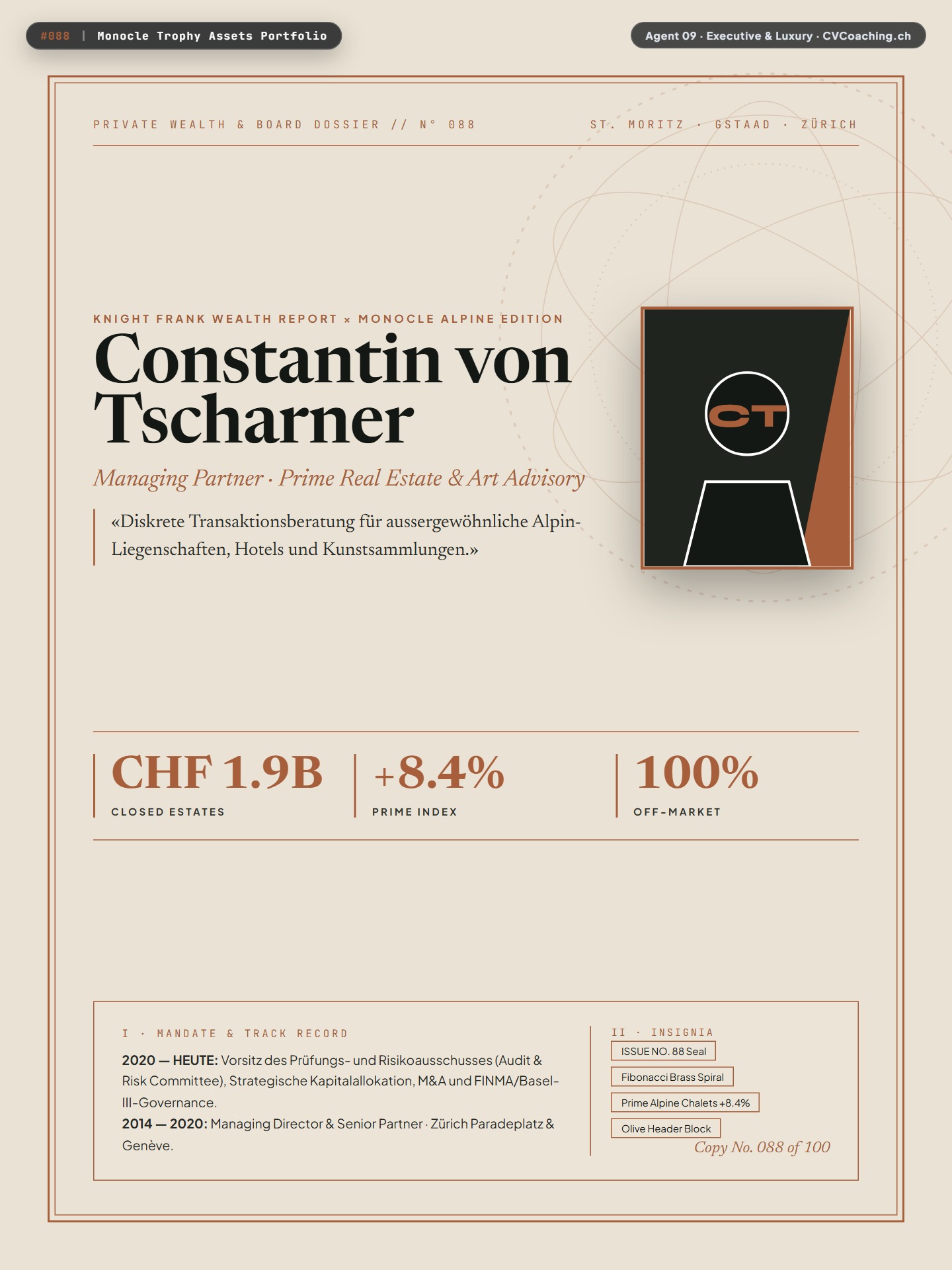 #088 Monocle Trophy Assets Portfolio – Warm Sand Linen, Deep Olive Header & Fibonacci Golden Spiral