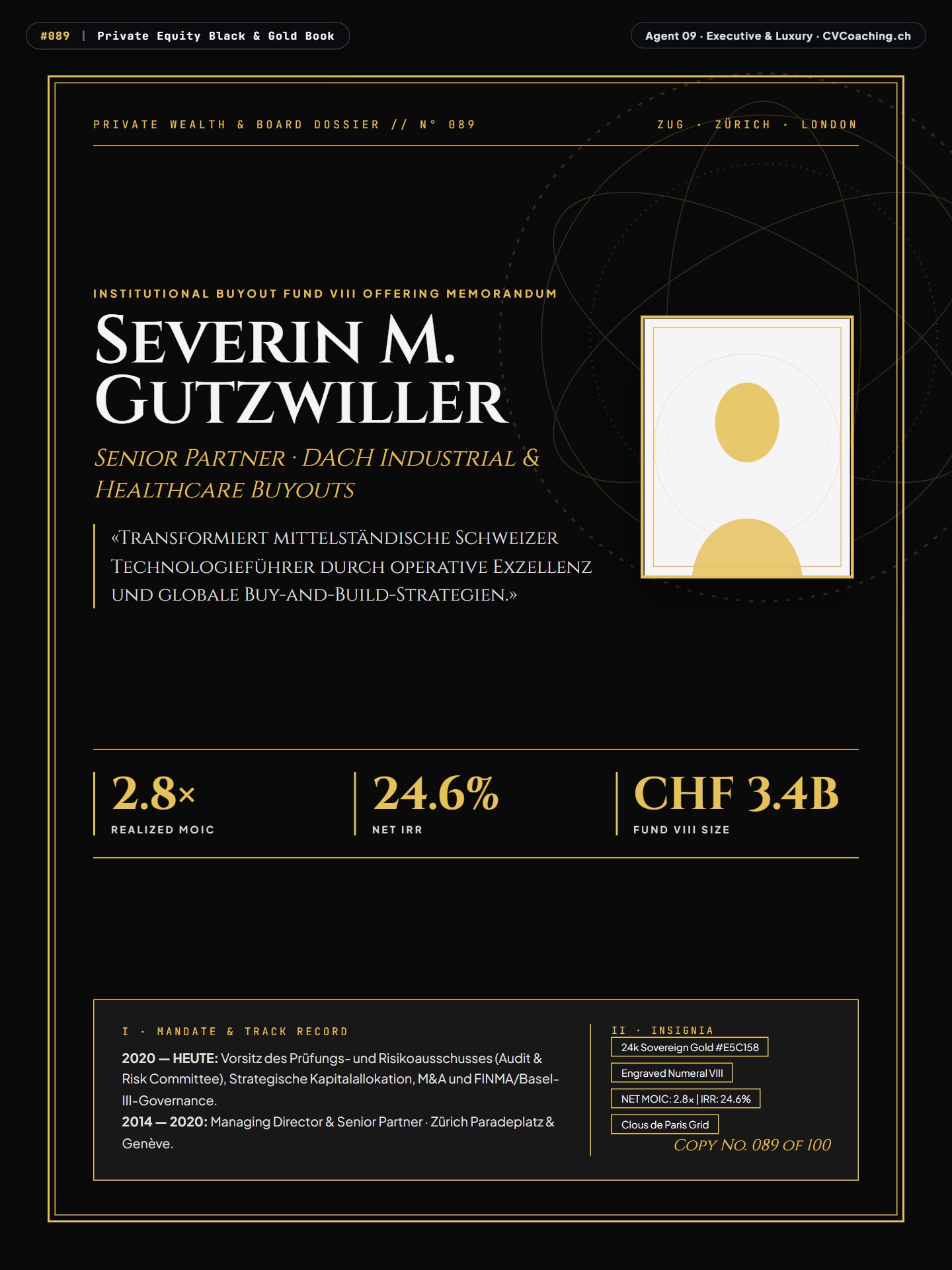 #089 Private Equity Black & Gold Book – Clous de Paris Carbon #0A0A0B, Engraved Gold 'VIII' & 2.8x MOIC