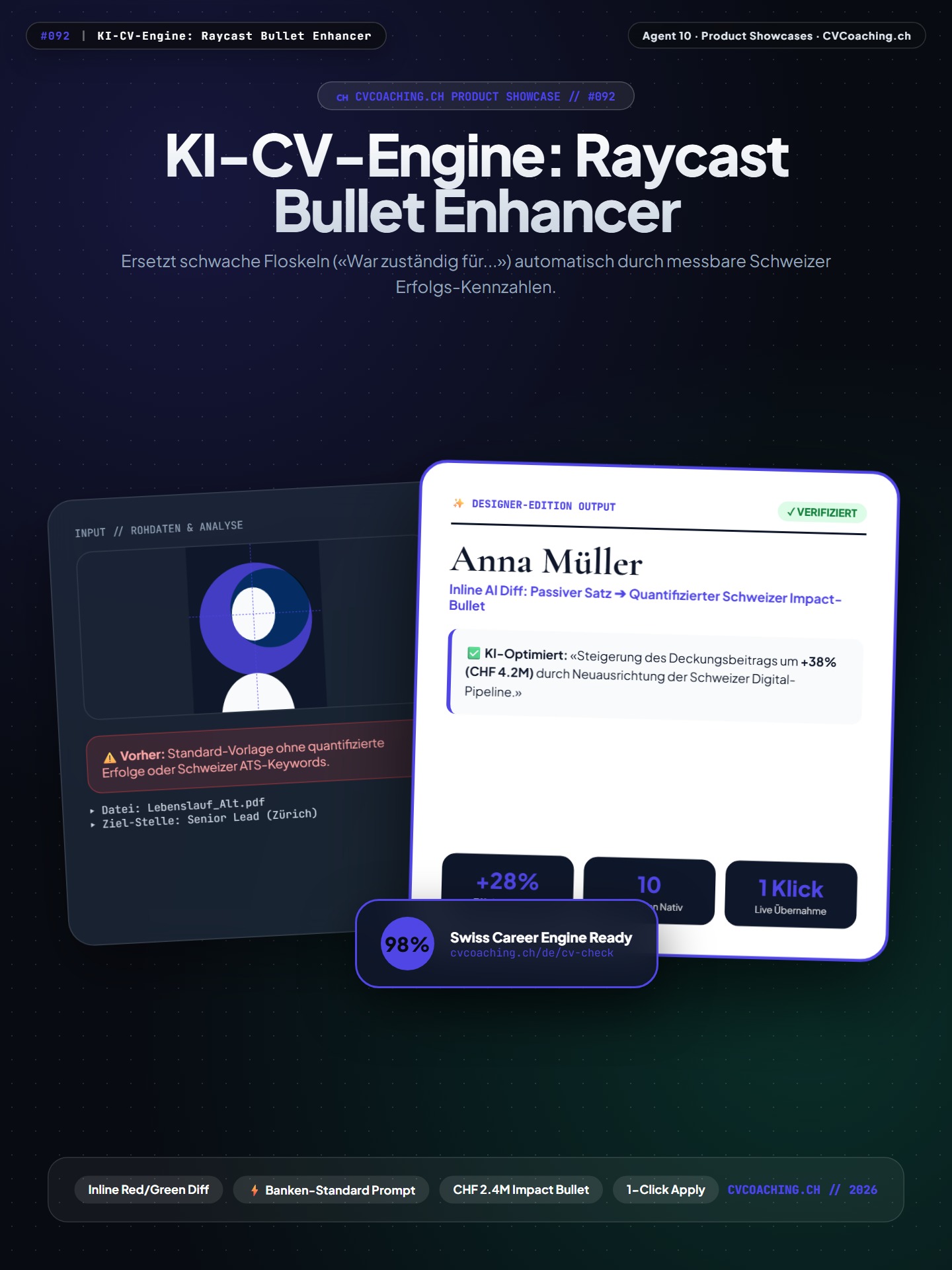 #092 KI-CV-Engine: Raycast Bullet Enhancer – Inline AI Diff: Passiver Satz ➔ Quantifizierter Schweizer Impact-Bullet